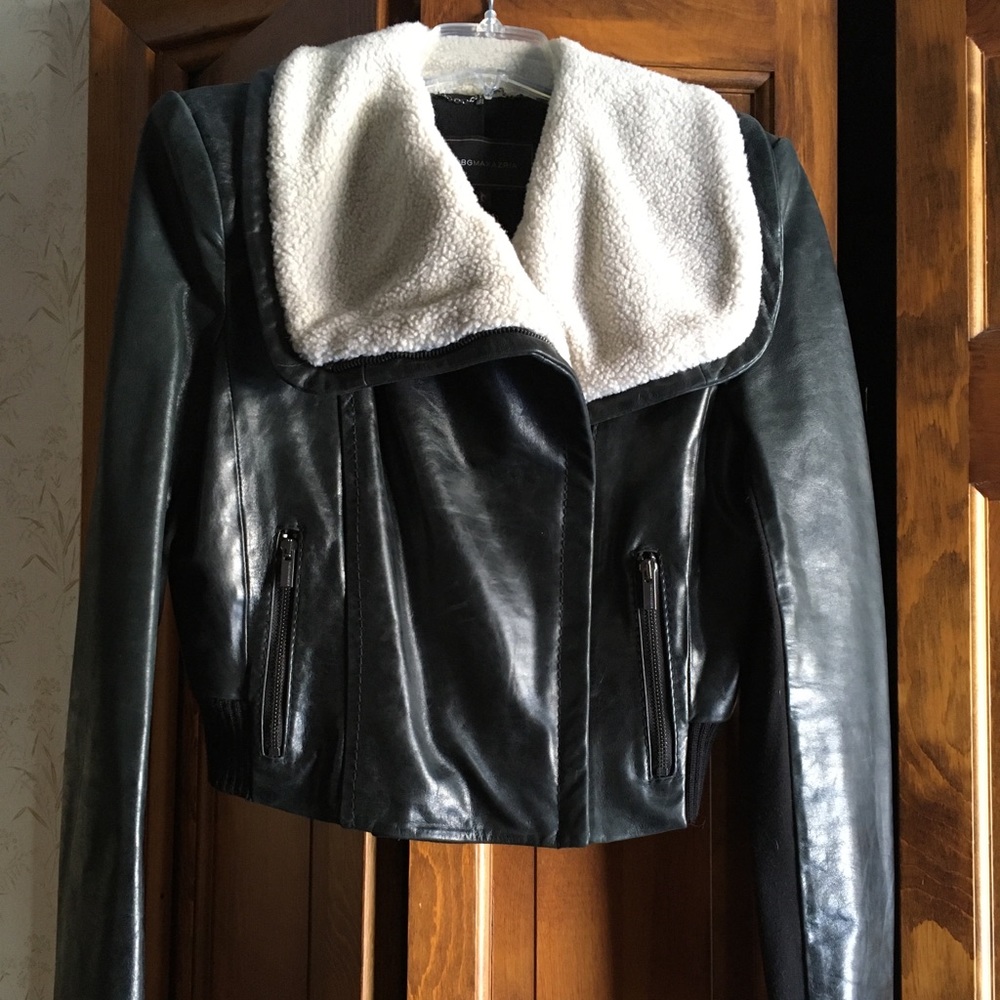 BCBG Black Leather Bomber Jacket with Sherpa Shearling Collar small